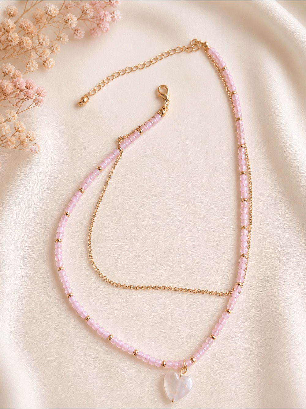 Pink Beaded Heart Pendant Necklace - Gold Chain